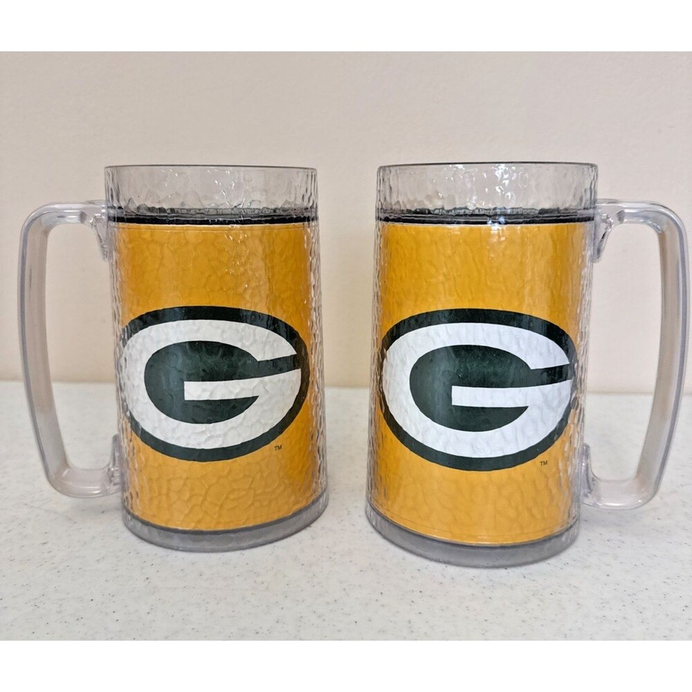 NFL Green Bay Packers Thermo-Serv Mug Insulated 16oz Plastic with Handle 2 Set